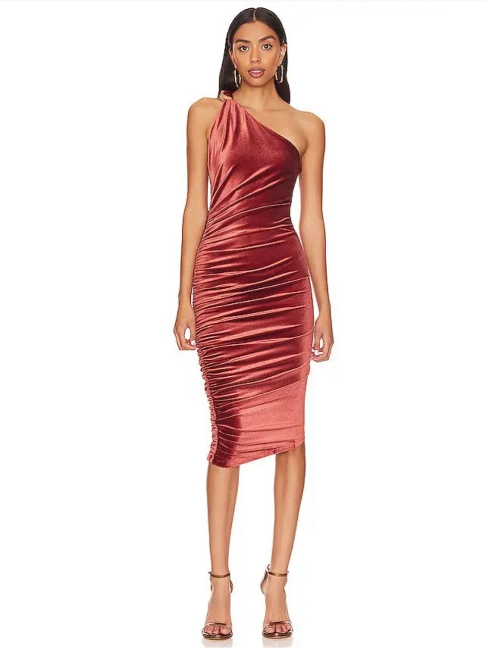 NWT ALIX NYC Celeste One Shoulder Velvet Ruched Midi Dress in Rosewood: Size XS